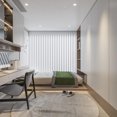 现代卧室 饰品 休闲椅 床头吊灯 无主灯造形吊顶 衣柜 书柜 书桌