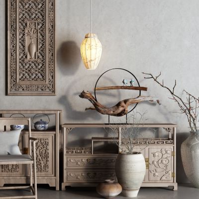 中式餐边柜 陶罐 雕花 边柜