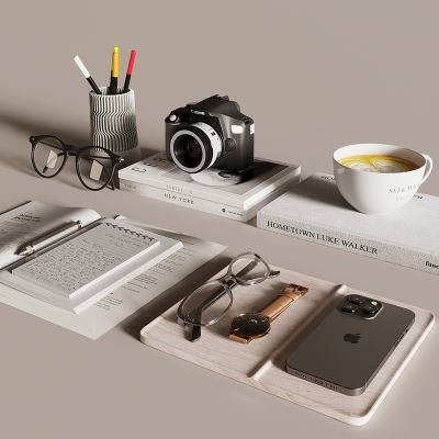 书本书籍 文具 眼镜 笔筒 拉花咖啡 照相机 手表 苹果手机