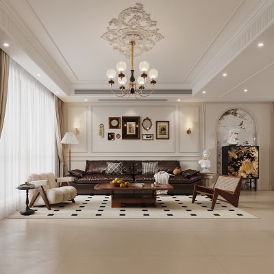 中古风简，客厅餐厅，沙发，餐桌 ，电视柜 ，酒柜，装饰画