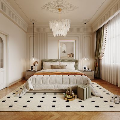 法式卧室，双人床，吊灯，装饰画，窗帘