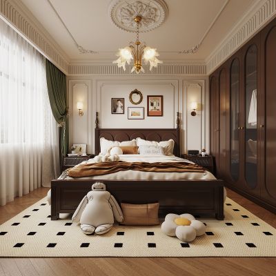 法式卧室，双人床，衣柜，吊灯，装饰画，窗帘