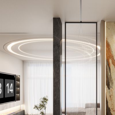 意式 中古 轻奢风 圆形三级吊顶 岩板 长虹玻璃 入户隔断 玄关