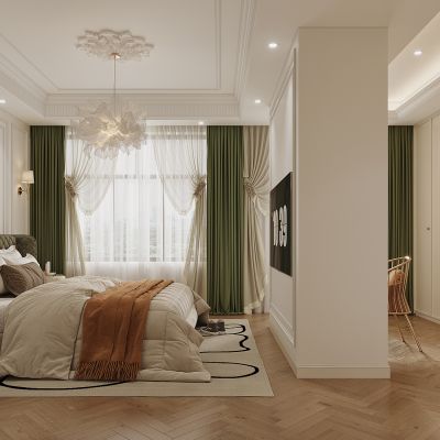 法式卧室，双人床，衣柜，吊灯，装饰画，窗帘