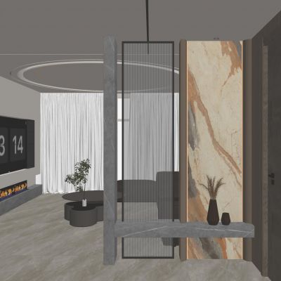  意式 中古 轻奢风 圆形三级吊顶 岩板 长虹玻璃 入户隔断 玄关