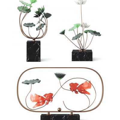 新中式荷叶荷花装饰摆件，禅意摆设，中式装饰品，陈设品3D模型