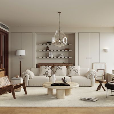 侘寂中古风客厅  奶油风客厅 中古风客厅 有主灯