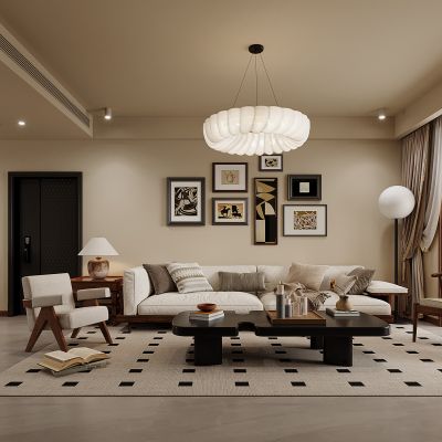 中古风，客厅餐厅，沙发，餐桌 ，电视柜 ，酒柜，吊灯，装饰画