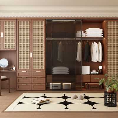  现代中古风藤编衣帽间 衣柜 化妆台妆椅