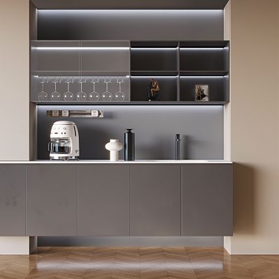 现代轻奢橱柜 酒柜备餐柜茶水柜 北欧餐边柜 可移动轨道插座 咖啡机 酒杯 