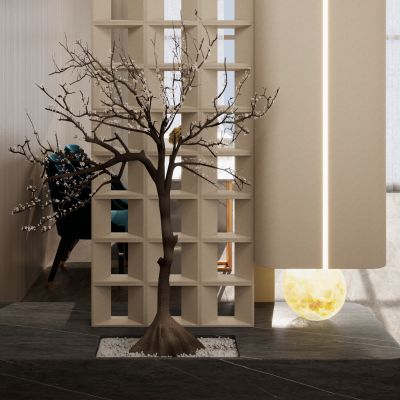 新中式 中古 轻奢风 水泥砖 造景 悬浮 入户隔断 玄关