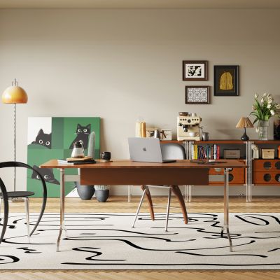 现代中古风书房 书桌椅 书柜 落地灯