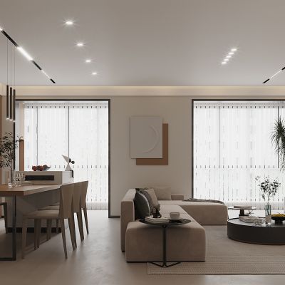 现代，奶油风，客厅餐厅，沙发，餐桌 ，电视柜 ，酒柜，装饰画