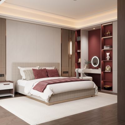 现代家居卧室 双人床 衣柜 梳妆台 主卧 饰品摆件