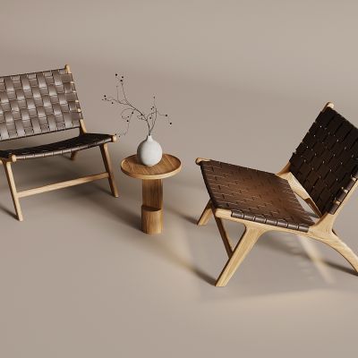 北欧实木马鞍皮椅 中古风躺椅沙发椅 马鞍皮藤编椅 麻绳绳编休闲椅 折叠椅