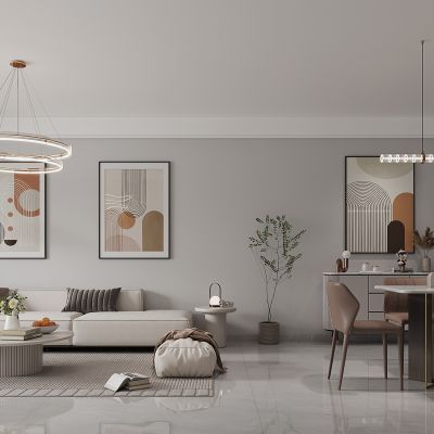 现代极简黑白灰，客厅餐厅，沙发，餐桌 ，电视柜 ，酒柜，吊灯，装饰画