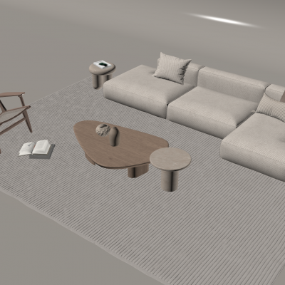 现代奶油风沙发 异形实木茶几 圆几边几 藤编折叠休闲椅靠背椅 布艺抱枕方形地毯