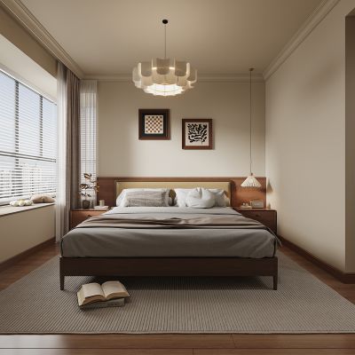 中古风，卧室，床，衣柜，装饰画