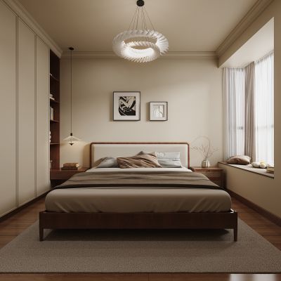 中古风，卧室，床，衣柜，装饰画