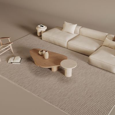 现代奶油风沙发 异形实木茶几 圆几边几 藤编折叠休闲椅靠背椅 布艺抱枕方形地毯