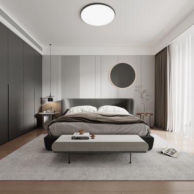 现代黑白灰卧室，双人床，衣柜，吊灯，装饰画，窗帘