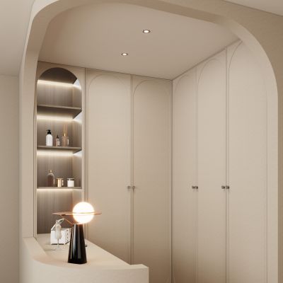  奶油 中古风 轻奢风 圆弧门洞 岛台 步入式 衣帽间