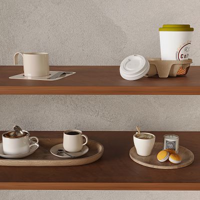 现代拉花咖啡 咖啡杯 杯子杯具 饮品饮料 甜点食物 实木椭圆托盘 中古风置物架