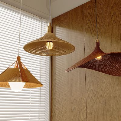 侘寂中古风藤编吊灯 复古禅意茶室书房吧台草帽吊灯 北欧餐厅竹编吊灯 