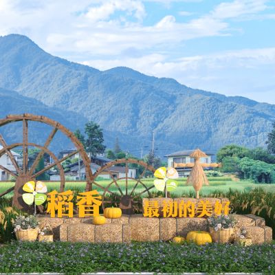现代稻田草垛小品_稻田小品