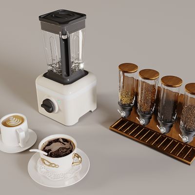 现代咖啡机 咖啡杯拉花咖啡 咖啡豆 置物架 咖啡豆玻璃容器