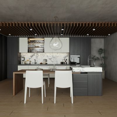 现代黑白开放式餐厅 岛台餐桌椅