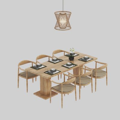 新中式餐桌椅组合 吊灯