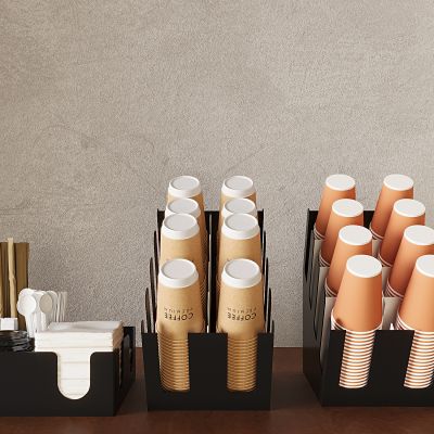 现代一次性纸杯 纸杯架 奶茶杯咖啡杯 杯盖勺子纸巾吸管自助 