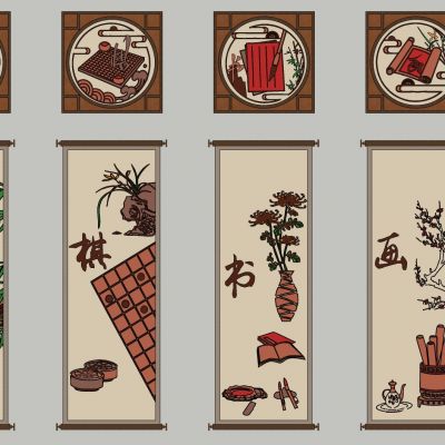 中式传统民俗文化四君子梅兰竹菊文人四友琴棋书画窗框剪影壁画挂件摆件3D模型