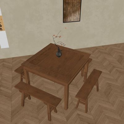 中式餐桌椅 新中式方桌椅 中式四方桌椅 实木八仙桌椅板凳 实木拼接地板 陶罐干花干支花艺