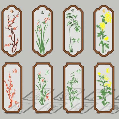 中式传统民俗文化四君子梅兰竹菊文人四友琴棋书画窗框剪影壁画挂件摆件