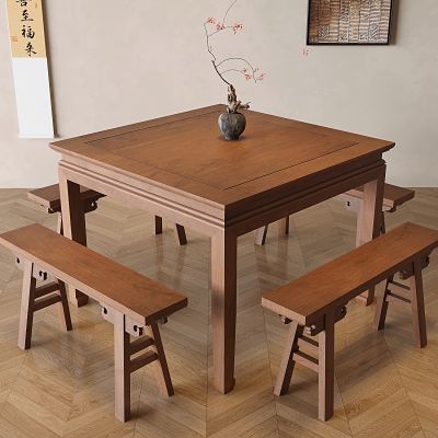 中式餐桌椅 新中式方桌椅 中式四方桌椅 实木八仙桌椅板凳 实木拼接地板 陶罐干花干支花艺