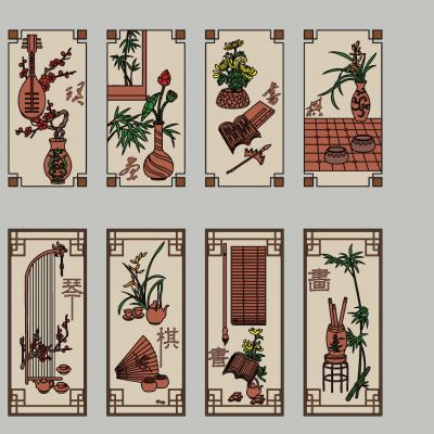 中式传统民俗文化四君子梅兰竹菊文人四友琴棋书画窗框剪影壁画挂件摆件