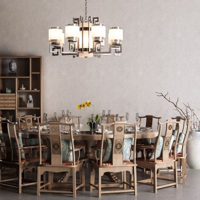 中式博古架 圆桌 餐桌 吊灯