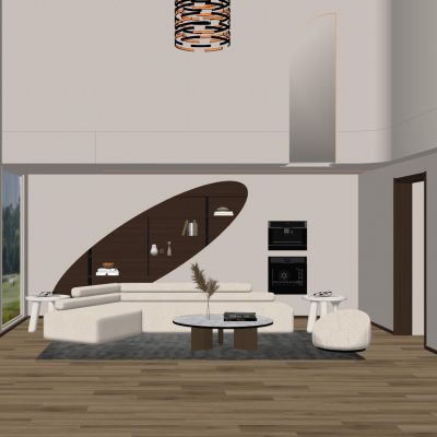  意式 奶油 中古风 别墅 客厅 跃层 挑空电视墙