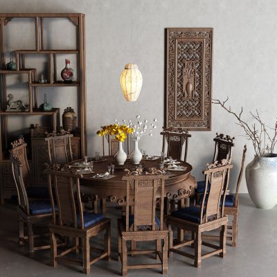 中式餐桌 圆桌 博古架