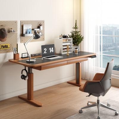 现代实木升降电脑桌办公桌椅组合