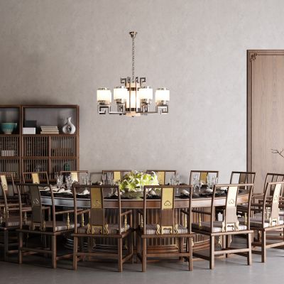 中式餐桌 圆桌 博古架 护墙板