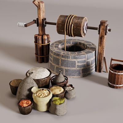 古井摆件 木辘轳井架 石雕井口石井 圈压井石 手摇打水摆件 五谷杂粮粮食