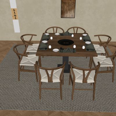 中式方形火锅桌椅 电磁炉烧烤烤肉涮一体实木餐桌椅 实木靠背椅