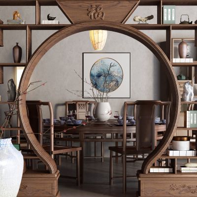 中式餐桌 圆桌 博古架