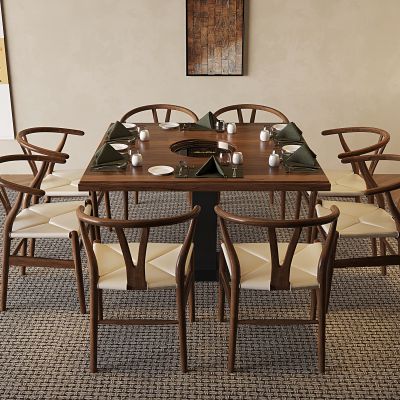 中式方形火锅桌椅 电磁炉烧烤烤肉涮一体实木餐桌椅 实木靠背椅