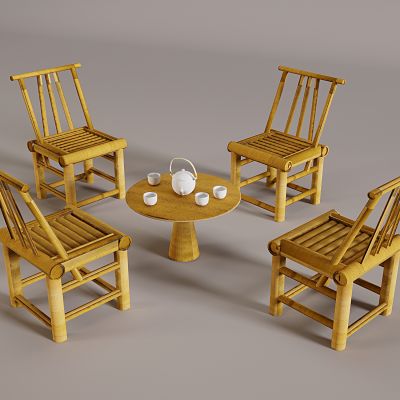 竹编椅子靠背椅 编织藤椅 竹桌椅 茶座桌椅套装 茶壶茶杯