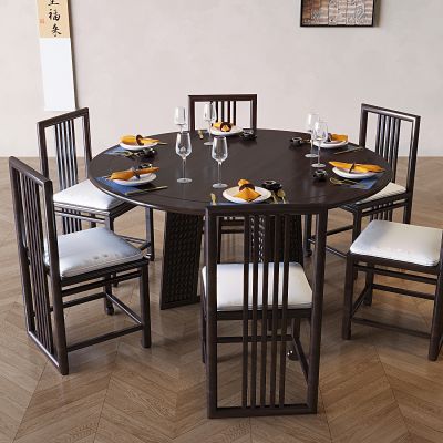 新中式实木餐桌椅 中式餐台饭桌 圆形餐桌椅 实木靠背椅