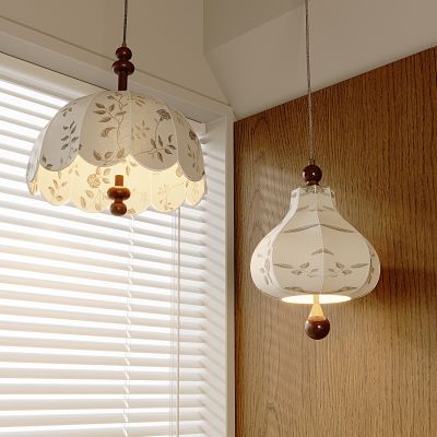 法式复古布艺吊灯 中古花纹吊灯 侘寂实木浪漫房间主灯 卧室衣帽间吧台书房吊灯